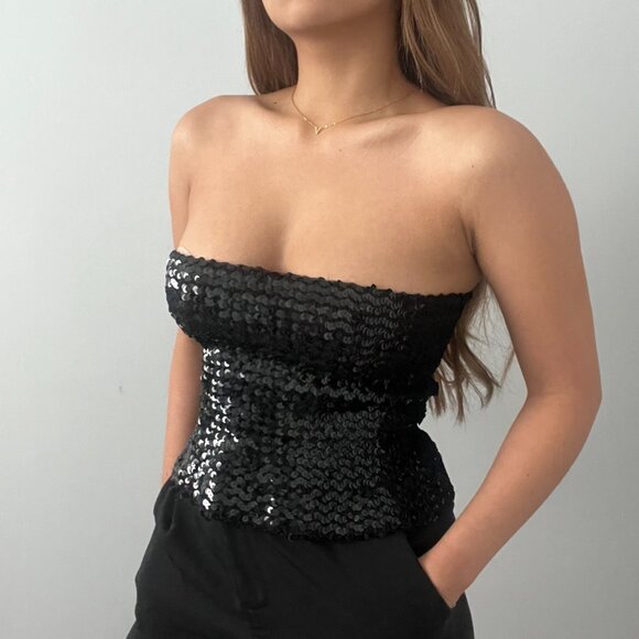 Vintage Black Sequinned Peplum Tube Party Top – Perfect for Holidays & Night Out - Picture 3 of 9